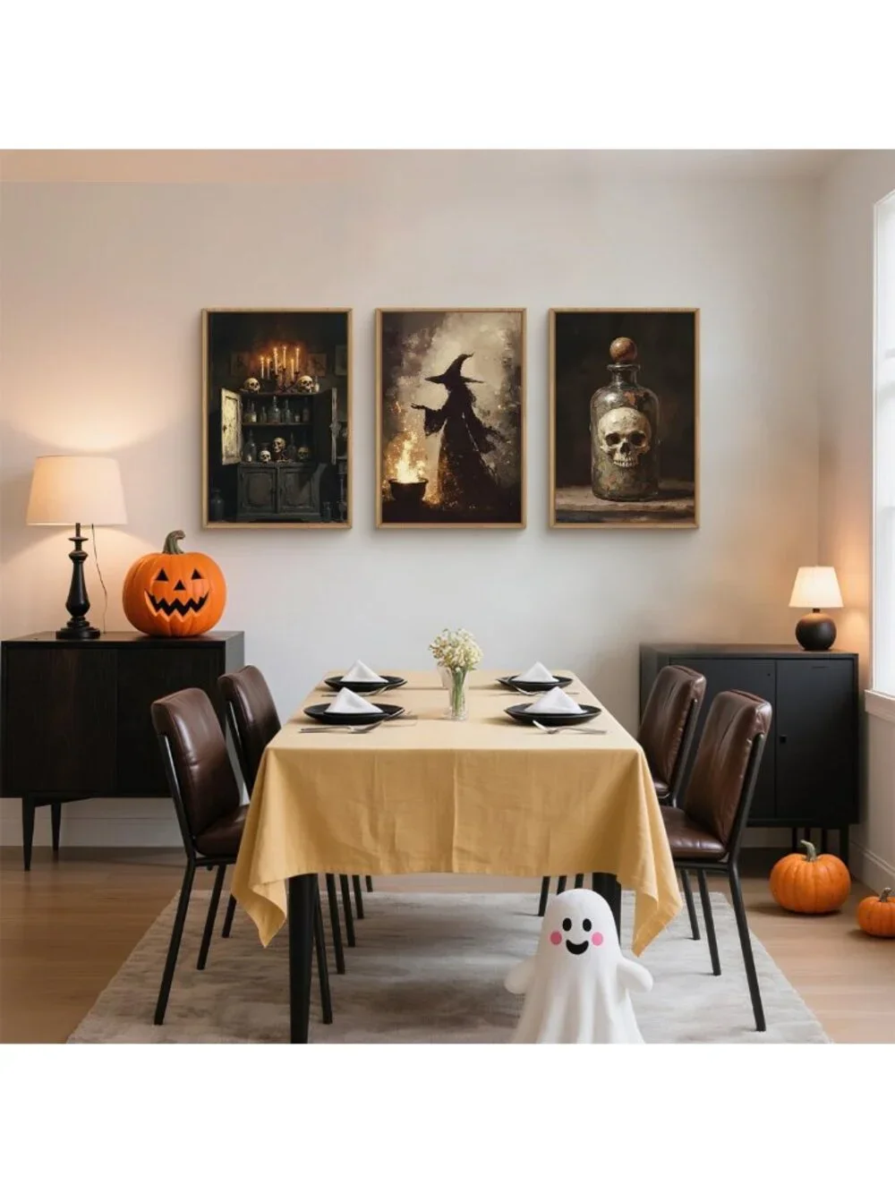 Spooky Halloween Witch Canvas Art Set, Skeleton Vintage Wall Decor, Gothic Home